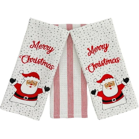 Serafina Home Holiday Christmas Kitchen Towels: Two Merry Christmas Santa Towels and One Red White Striped Towel 3 Pc