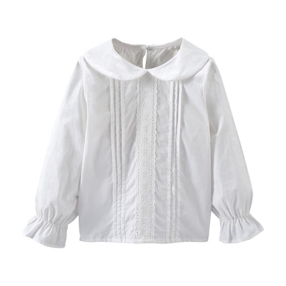 Zpanxa Toddler Girls White Eyelet Lace Ruffled Lapel Collar Blouse Vertical Textured Woven Flounce Cuff Button Down Long Sleeve Casual Dress Shirts