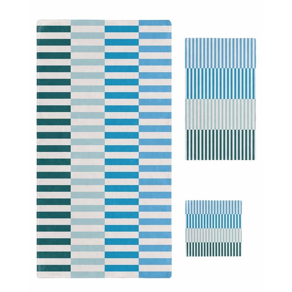 Colorful Stripe Towel Set of 3, Soft Microfiber Bath Towels, Hand Towel, Washcloths, Modern Teal Blue Green Vertical Striped Quick-Dry Absorbent Towels for Bathroom Kitchen Hotel Beach Gym Spa