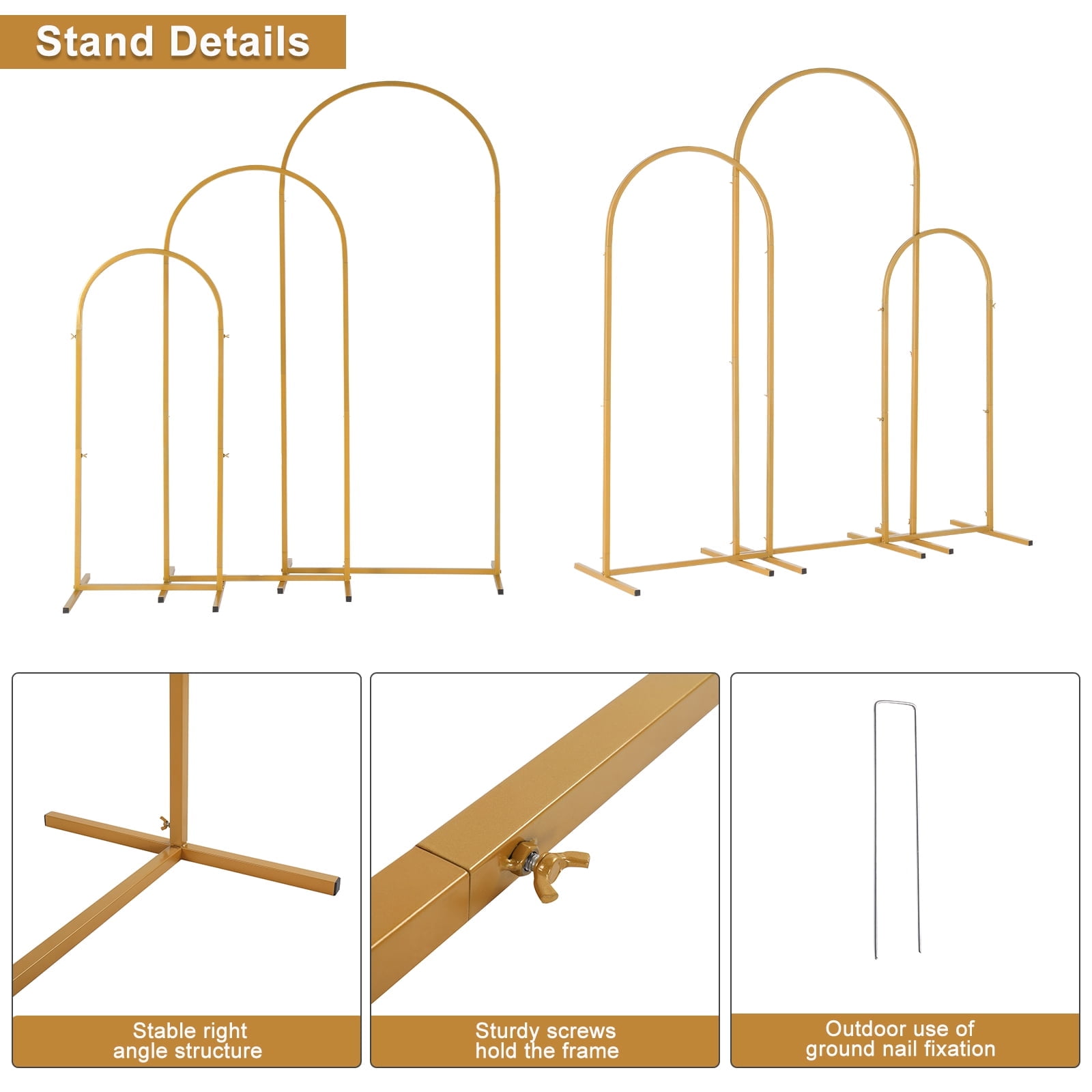 Three-Piece Set Wedding Arc Top Iron Art Wedding Iron Arch Gold, 5.9ft+4.9ft+3.9ft