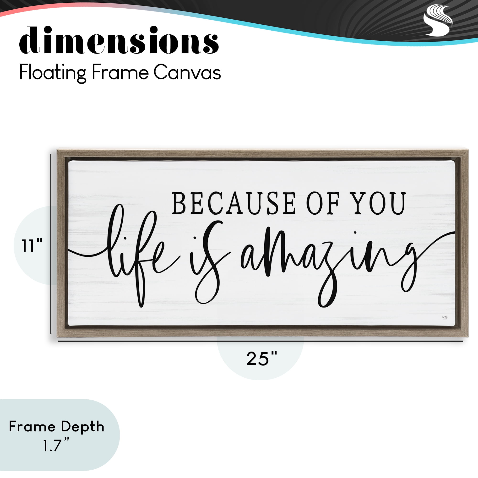 Stupell Industries Because Of You Life Is Amazing Brown Framed Floater Canvas Wall Art, design by Lux + Me Designs