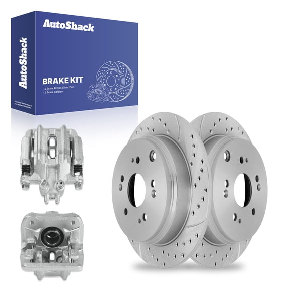 AutoShack Rear Drilled & Slotted Brake Rotors Calipers | Replacement for 2005-2006 Honda CR-V 2.4L 4WD FWD | Silver Zinc Coated | 4-PC Brake Kit | SilverShield Pro