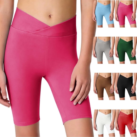 Hesxuno Girls Biker Leggings Crossover High Waist Cycling Yoga Pants Kids Buttery Soft Compression Leggings Athletic Running Active Non See Through Tights White 4 Years
