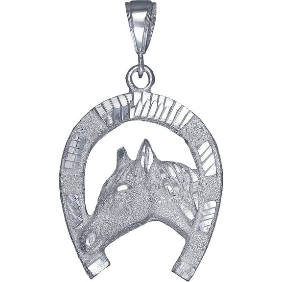 Large Sterling Silver Horseshoe with Horse Pendant Necklace 9 Grams 2.1 Inches with Diamond Cut Finish and 24 Inch Figaro Chain