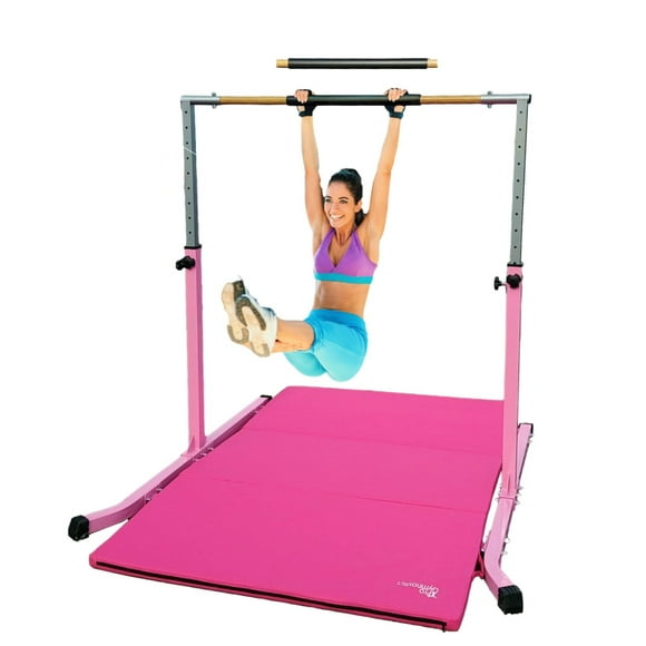 Gymnastics Kip Bar for Kids with 6'x'4 Tumble Mat, Adjustable Height 3 to 5 FT, Premium Steel Junior Training Gymnastic Bar Home Gym, Horizontal Bar Jungle Gym for Gymnasts, Children and Adults, Pink