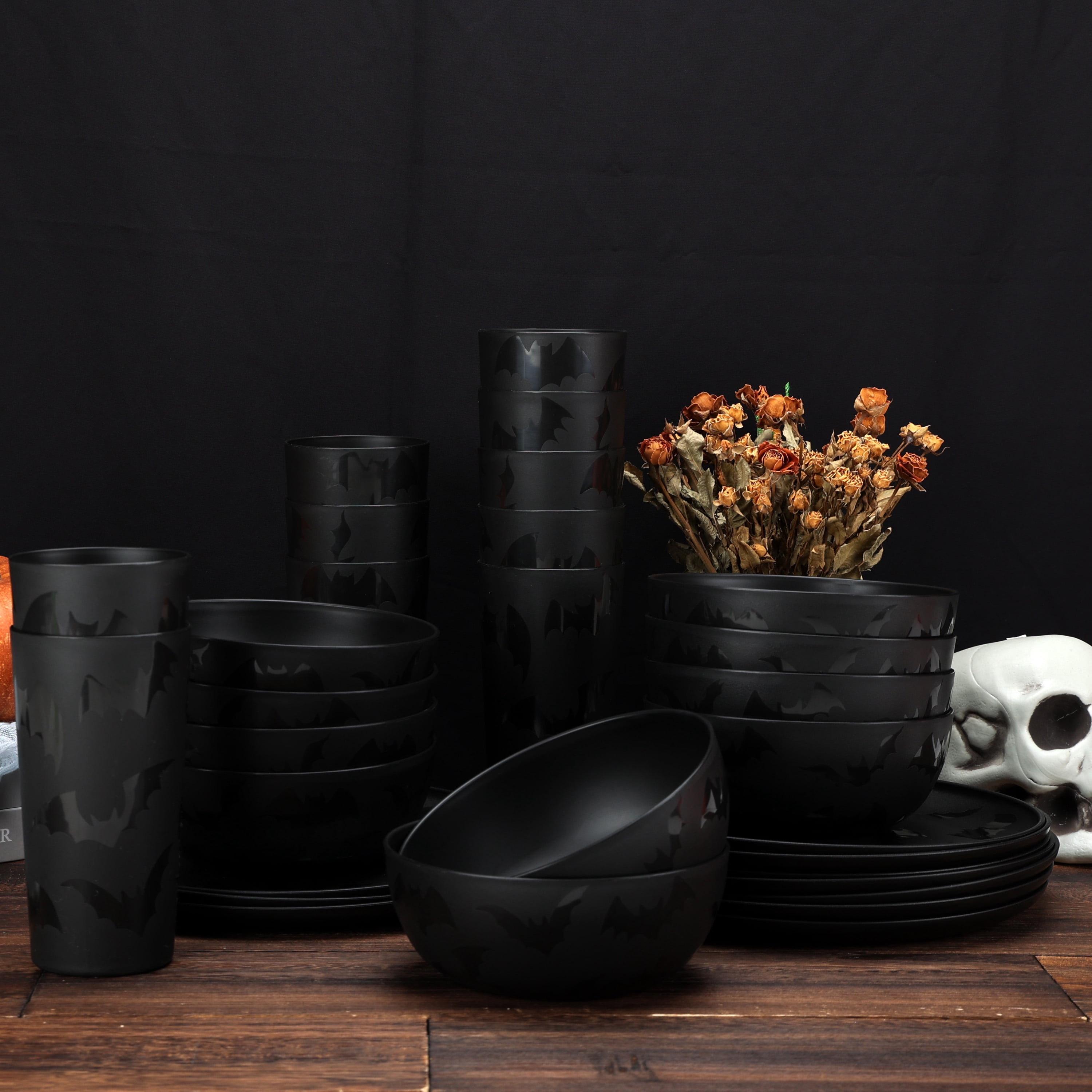 Mainstays 30-Piece Plastic Etched Halloween Bat Pattern Dinnerware Set, Black