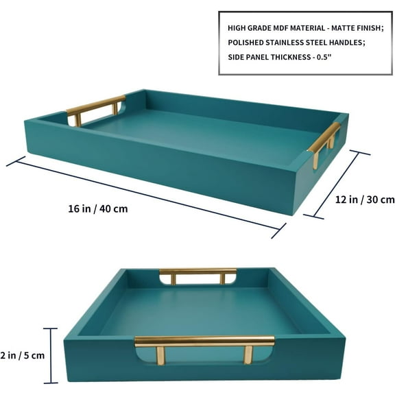 Wooden Decorative Coffee Table Tray, 16" Serving Tray with Handles, Matte  Decorative Tray for Living Room, Vanity Organizer (Teal Green)