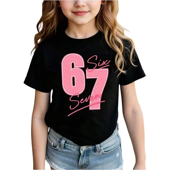 MakeMeChic Girl's 67 Shirts Summer Short Sleeve Jersey Crew Neck Number Print Loose Y2K Tops