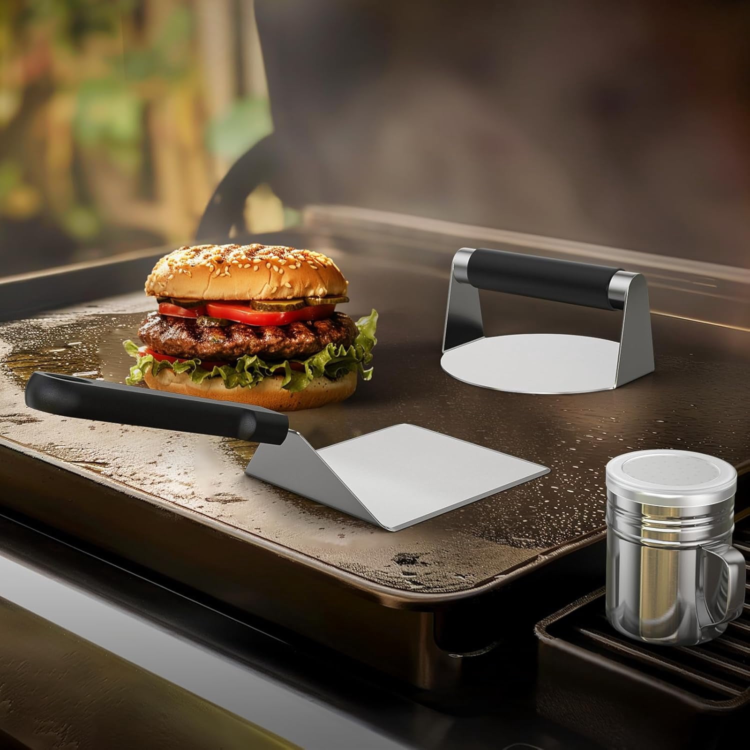 3 Pcs Smash Burger Press Kit Stainless Steel 6 Inch Spatula Seasoning Shaker Replacement Compatible With Blackstone Griddle Flat Top