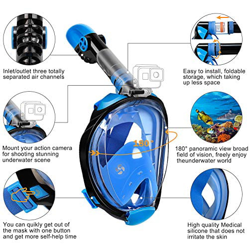 OUSPT Full Face Snorkel Mask Snorkeling Mask with Detachable Camera Mount,Panoramic 180° View Upgraded Dive Mask with Safety Breathing System,Dry Top Set Anti-Fog Anti-Leak for Adults and Kid