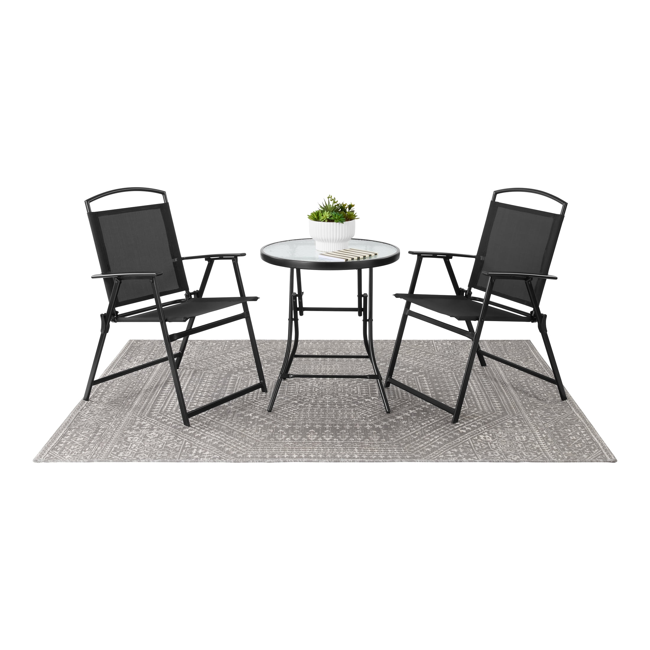 Mainstays Albany Lane 3-Piece Outdoor Bistro Set, Folding Chairs & Glass Table, Black