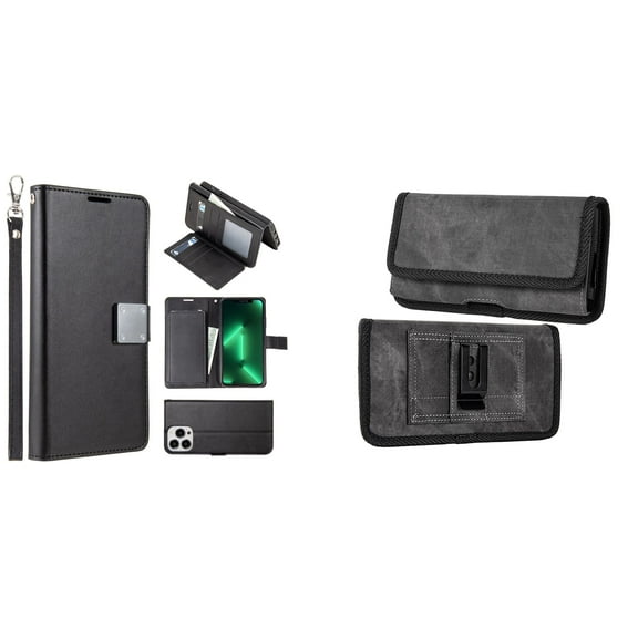 Bemz Pocket Clutch Wallet Case and Belt Holster Pouch for iPhone 14 Pro Max (Black/Gray)