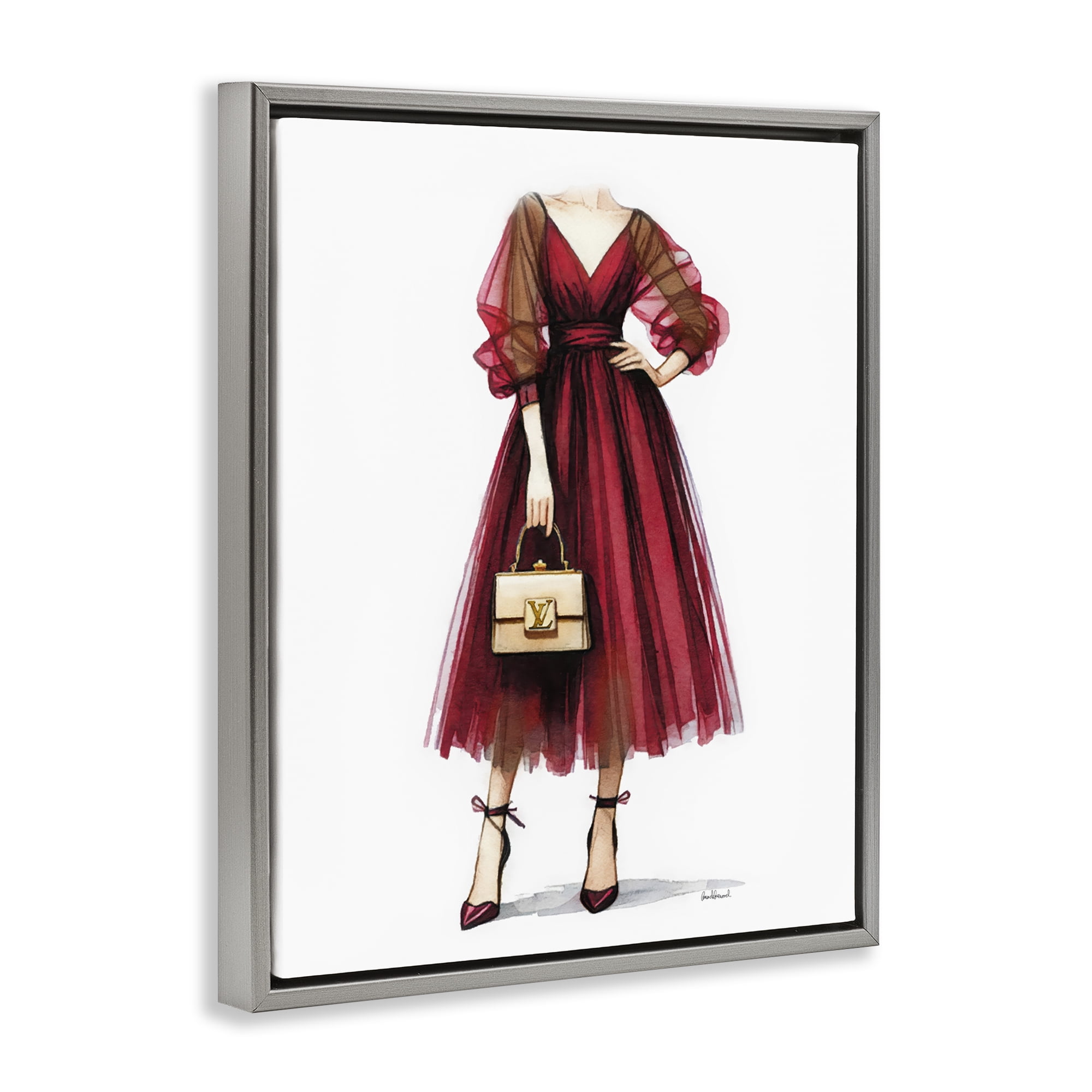 Stupell Industries Red Glam Gown Fashion Painting Gray Floater Framed Canvas Art Print Wall Art, 17 x 21