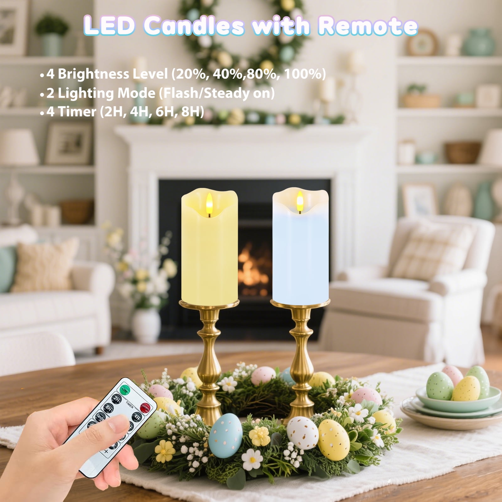 Flameless Candles Light, Set of 2 6"x3" Flickering Pastel Spring LED Candles with Remote & Timer, Dimmable Real Wax Easter Pillar Candles Battery Operated for Home Spring Easter Decor