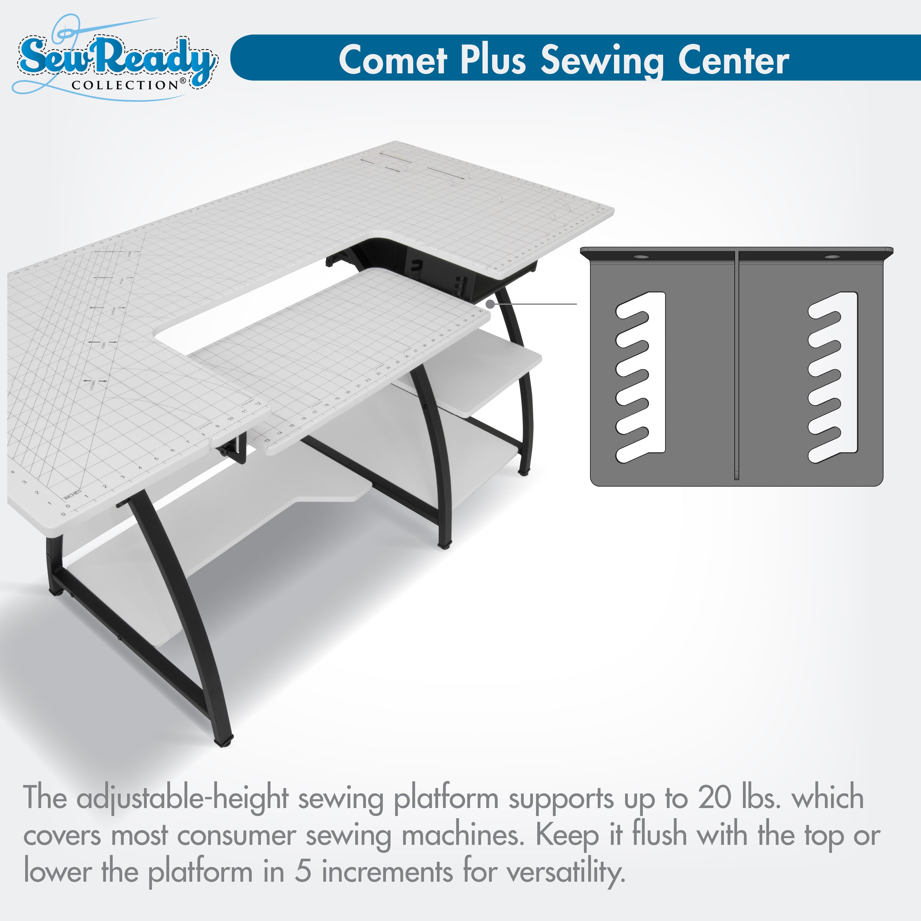 Sew Ready Comet Sewing Table with Height Adjustable Platform, Storage and Grid Top for Cutting