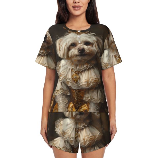 Fotbe Regal Dog In Royal Attire Conjunto de Pijama Estampado para Mujer, 2 Piezas, Ropa de Dormir con Camiseta de Manga Corta y Shorts Suaves-Small
