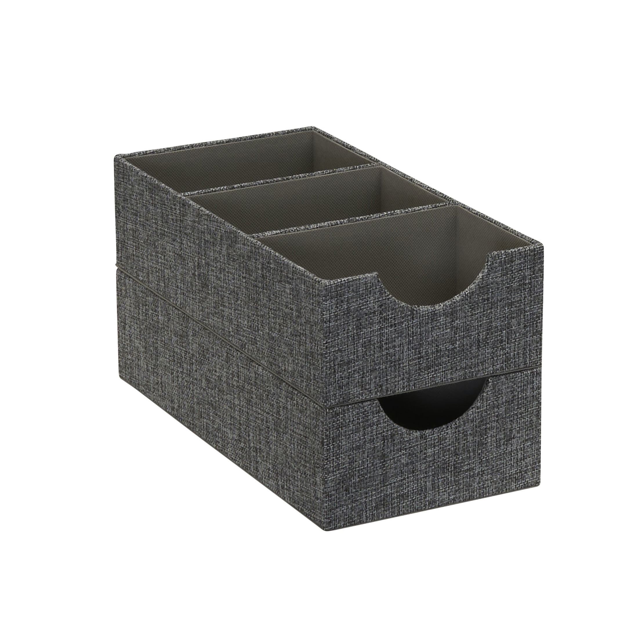 Household Essentials 3-Compartment Drawer Organizers, Pack of 2, Sturdy Chipboard Base with Soft Polyester Linen Covering, Fashionable Organization Solution, 3” H x 6” W x 12” D, Graphite Linen