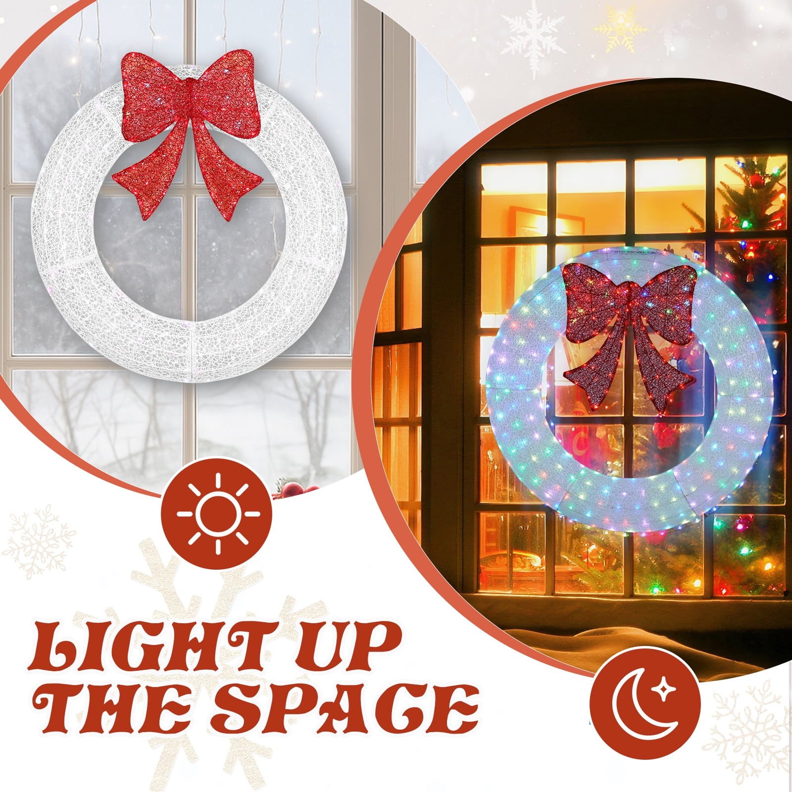 36in Pre-lit Outdoor Christmas Wreath Decoration, Lighted Metal Wreath with Red Bow, Remote Control LED Lights with Timer, for Front Door Gate Wall Indoor Outdoor Holiday Party, White