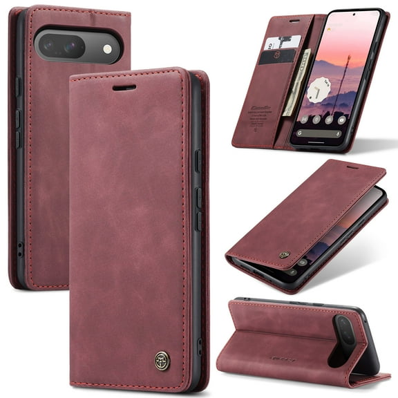 CaseMe Leather for Google Pixel 9/9 Pro Case, Flip Wallet Leather Case with Card Holder Magnetic Closure Shockproof Kickstand Protective Phone Cases Cover for Google Pixel 9/9 Pro,Wine Red