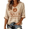 thumbnail image 2 of Womens Sweatshirt 3/4 Sleeve Vintage V Neck Pullover Broom Witch Moon Theme Graphic Top Relaxed Casual Fall Halloween Festival Events Top Khaki XXXXXL, 2 of 5