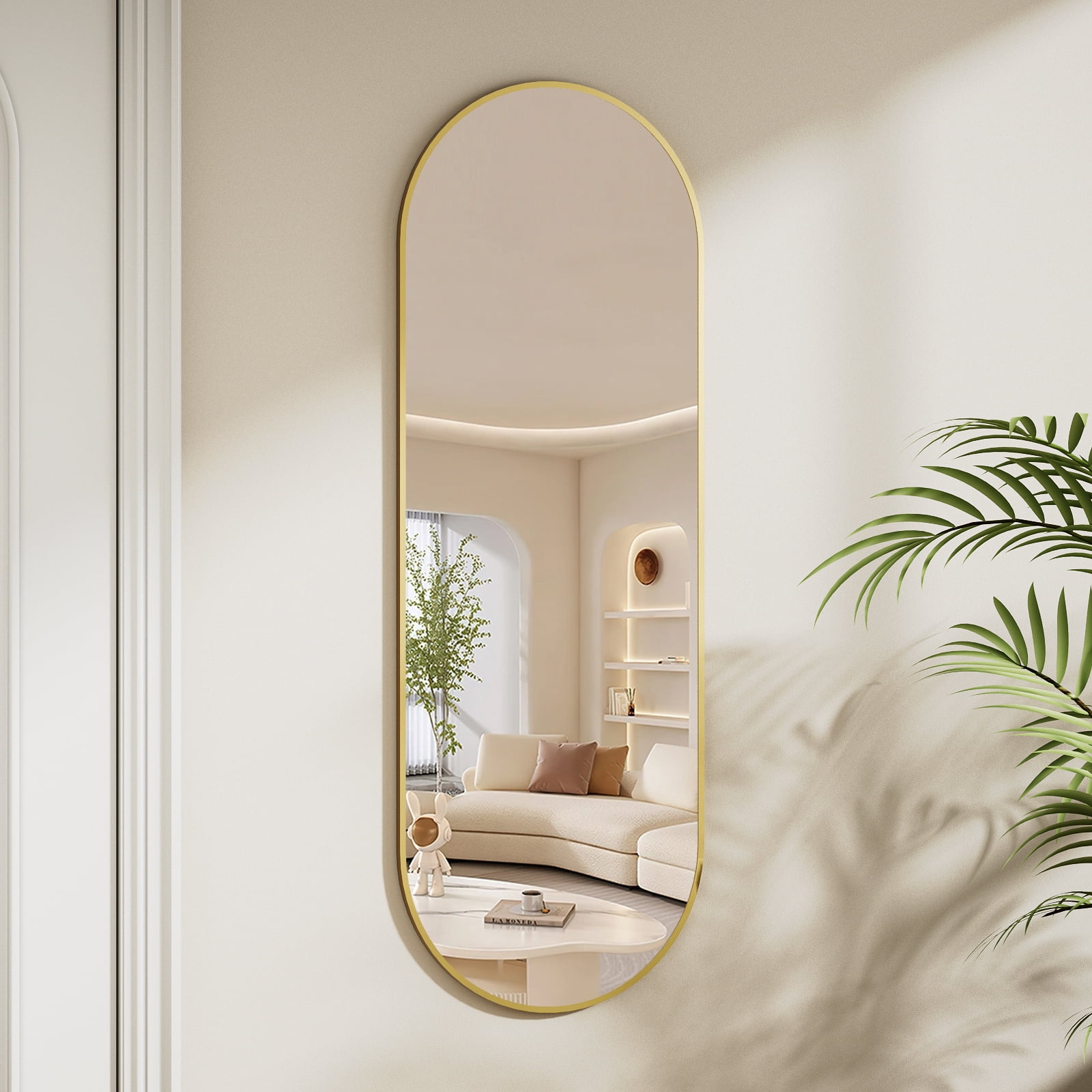 Easy4Home 48"x16" Oval Wall Mirror Full Length Mirror with Leather Hanging Strap, Gold