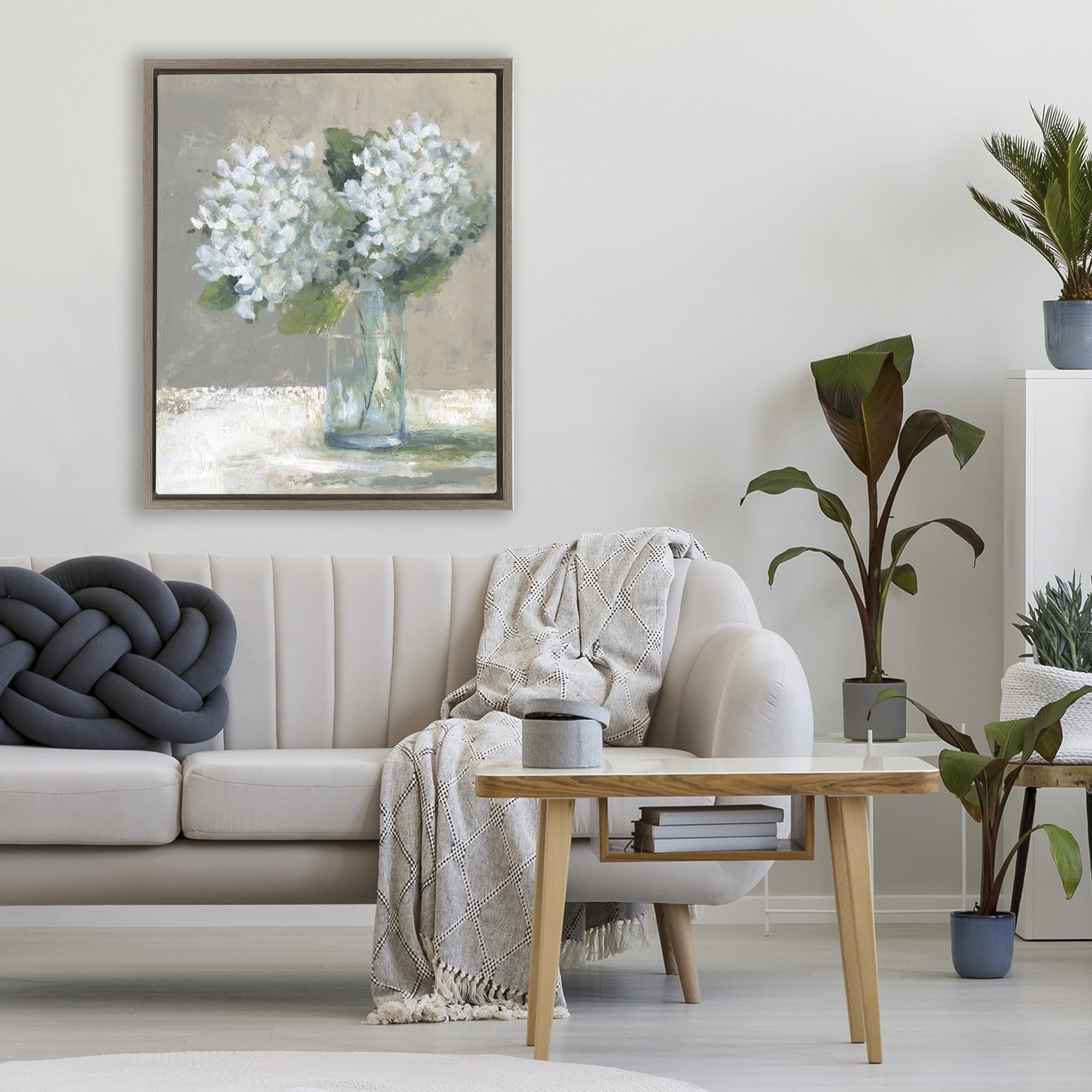 Stupell Industries White Hydrangeas Glass Vase Brown Framed Floater Canvas Wall Art, design by Carol Robinson