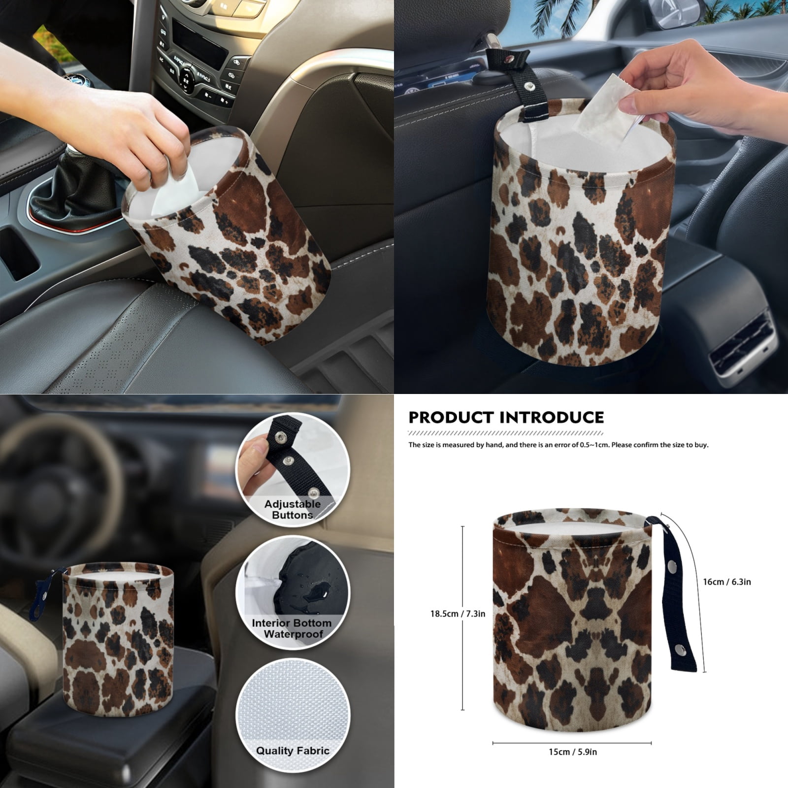 Jeiento Brown Cow Print 14 PCS Car Seat Cover Full Set with Steering Wheel Cover Seat Belt Covers Trash Can Rear View Mirror Cover Center Console Cover Cup Coasters Handbrake Cover Set