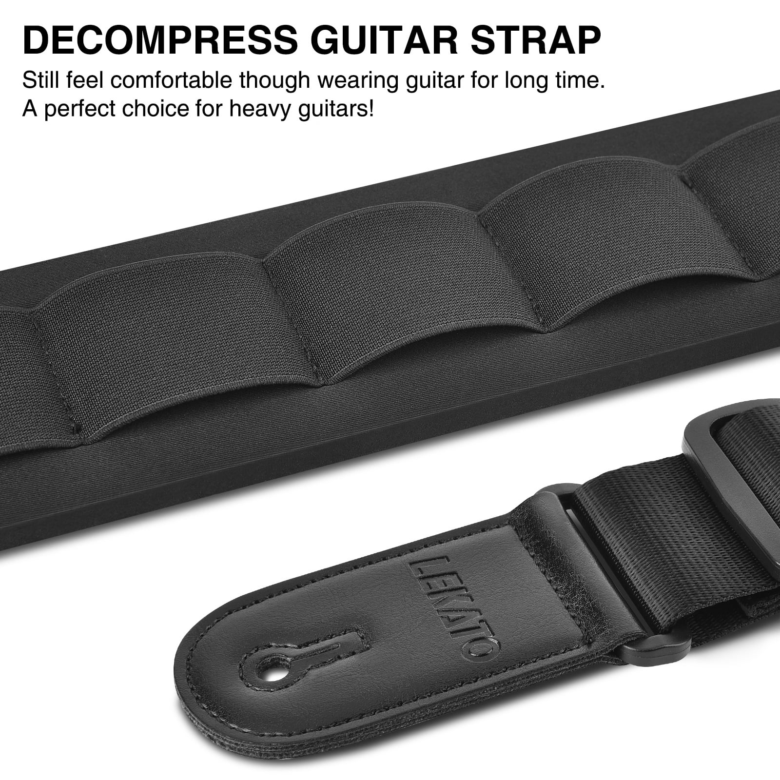 LEKATO Guitar Strap Bass Straps for Electric Guitar with 3.3" Wide Sponge Pad for Effective Decompression Padded Bass Guitar Straps Adjustable Length from 42" to 58" with 2 Safety Locks & 6 Picks