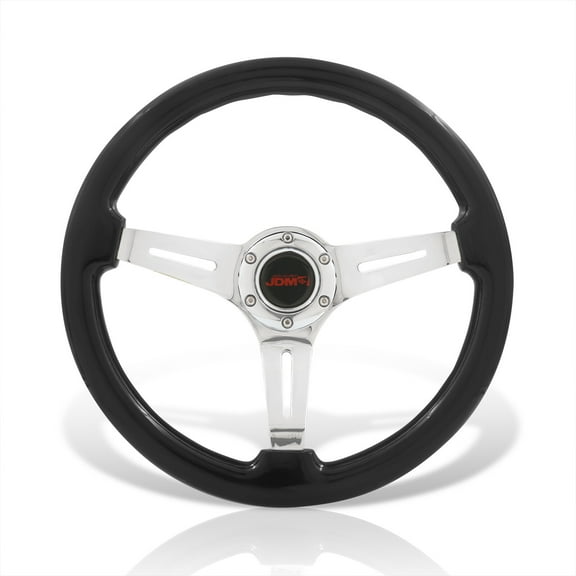 AJP Distributors Universal 14" 350mm 6 Bolts Holes Heavy Duty Steel Steering Wheel Black Wood Chrome Deep Dish 3 Spokes Light Weight w/ Horn Button Replacement JDM VIP Sport Grip