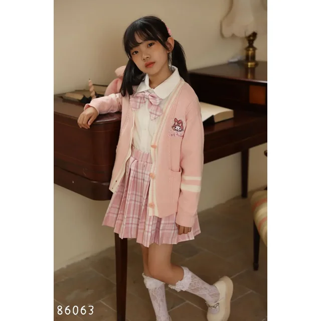 Sanrios-Conjunto de uniforme JK para niña, suéter de punto, cárdigan, camisa, Top, Falda plisada, dibujos animados, My Melody, Kuromi, Cinnamoroll, 3 piezas