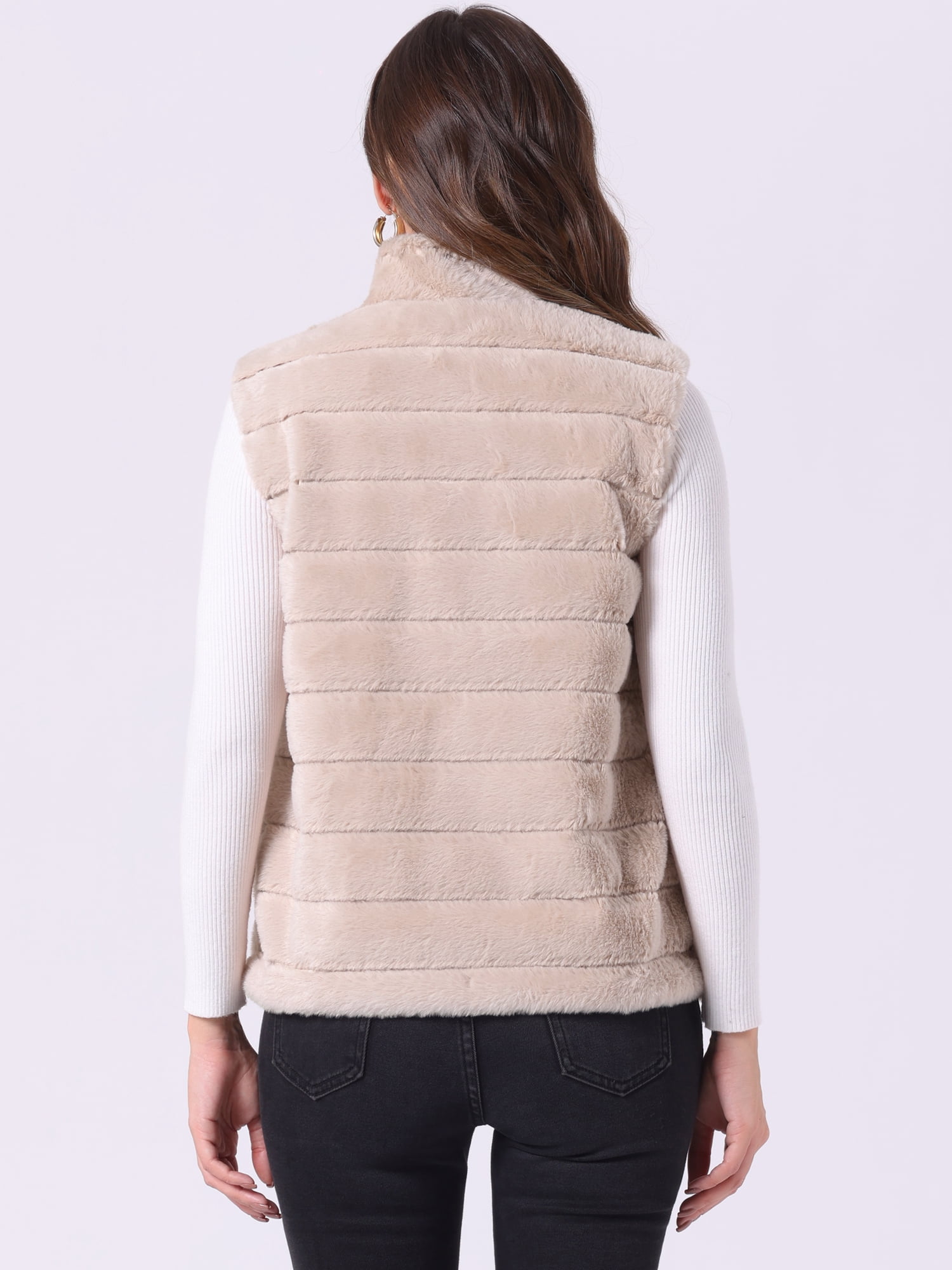 DARING DIVA Women's Stand Collar Fluffy Vest Faux Fur Sleeveless Coat XL Beige