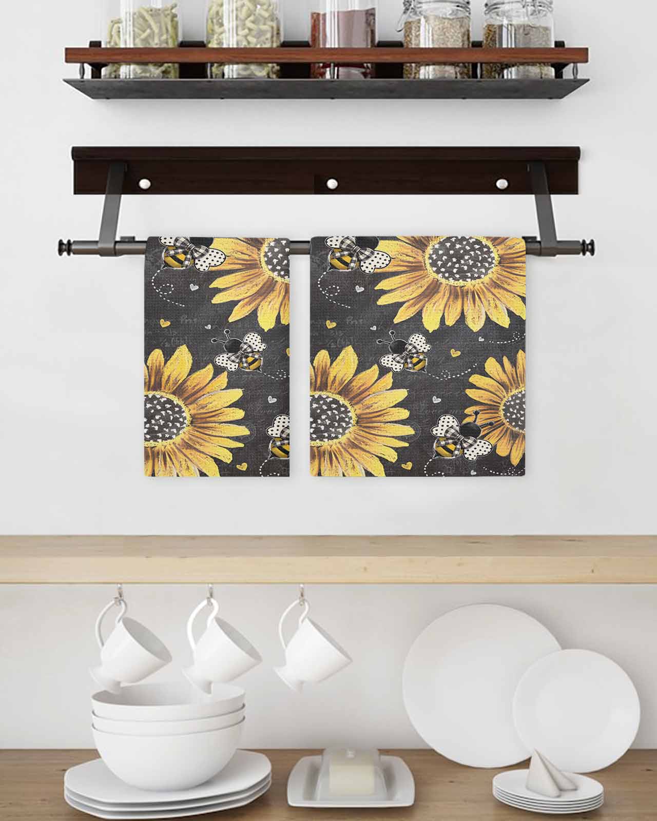 Sunflower Bee Kitchen Dish Towels for Drying Dishes Set of 4, Black Yellow Farm Flower Spring Summer Waffle Weave Microfiber Terry Hand Tea Bathroom Towels Quick Dry & Absorbent Towel 15.7x23.6