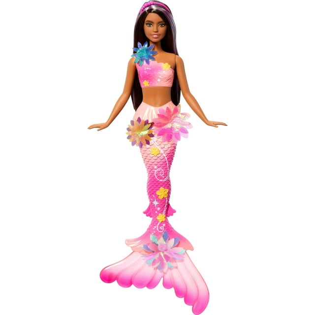 Muñeca de juguete Barbie con forma de sirena mágica con flores florecientes