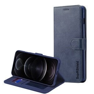 Apple iPhone 12 Pro Navy Blue Genuine SupRShield Wallet Leather Flip Stand Magnetic Case Cover