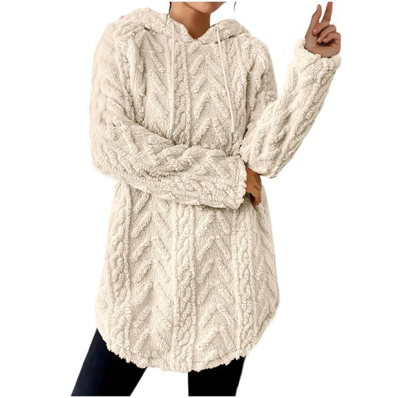 Women's Fuzzy Knit Hoodies Drawstring Pullover Sweater Casual Plush Warm Long Sleeve Loose Tunic Tops for Leggings (XL, Beige)