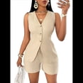 thumbnail image 1 of Conjuntos de Verano de 2 Piezas para Mujer, Sin Mangas, con Cuello en V, Abotonado, Chaleco y Pantalones Cortos con Bolsillos. Albaricoque S, 1 of 10