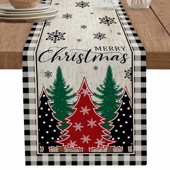 nqOlkjepod Christmas Trees Table Runner 90 Inches Long Farmhouse Dress Scarves, Xmas Snowflake Retro Black White Checkered Dining Tablerunner for Coffee Table/Kitchen Island/Party Décor, 13" x 90"