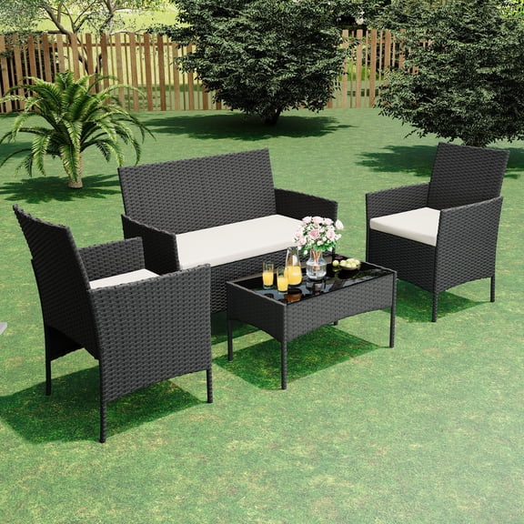 All-Weather Comfort Outdoor Bistro Set – 4-Piece Wicker Patio Furniture Set with 2 Cushioned Chairs, Loveseat & Glass Coffee Table – Ideal for Backyard, Porch, Balcony or Garden