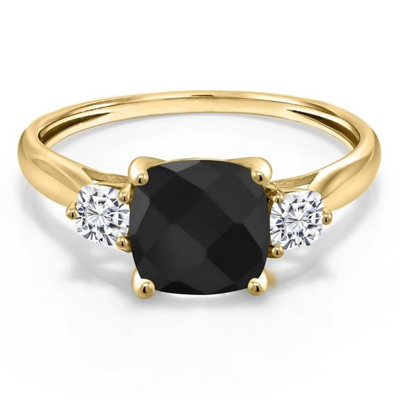 Gem Stone King 10K Yellow Gold Black Onyx and White Moissanite Engagement Ring for Women | 1.73 Cttw | Cushion Checkerboard 7MM | Gemstone December Birthstone | Size 5