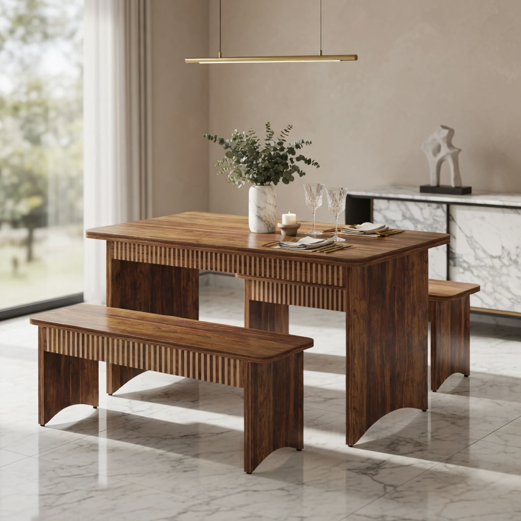 Hommoo 55 Inch Farmhouse Dining Table Set with 2 Wooden Benches, Space-Saving 3-Piece Kitchen Table for 4 to 6 People, Brown