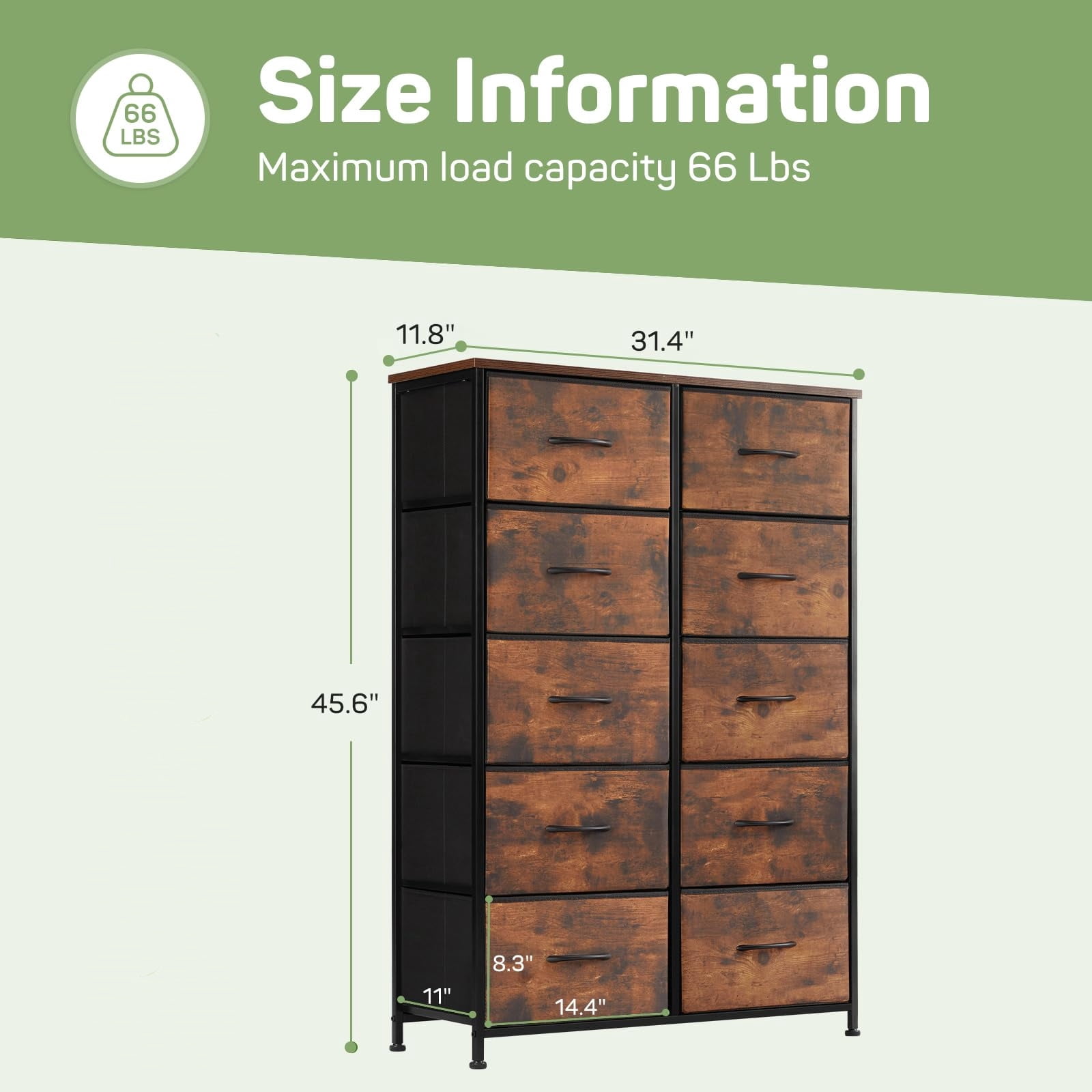 Bigleap 10 Drawer Dresser Organizer Storage Drawers, Chest of Drawers with Fabric Bin for Bedroom, Closet, Entryway,Brown