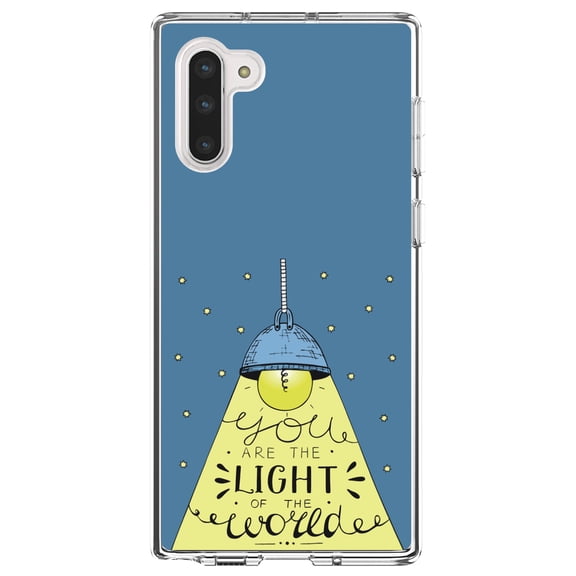 DistinctInk Clear Shockproof Hybrid Case for Samsung Galaxy Note 10 (6.3" Screen) - TPU Bumper, Acrylic Back, Tempered Glass Screen Protector - You Are the Light of the World
