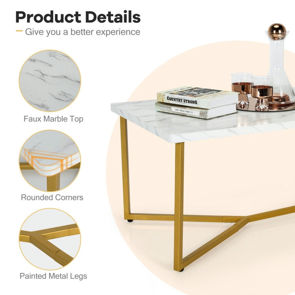 Finihen Coffee Table, Faux Marble Coffee Table with Gold Finished Metal Frame, for Living Room, Reception Room, White Finihen Coffee Table, Faux Marble Coffee Table with Gold Finished Metal Frame, for Living Room, Reception Room, White