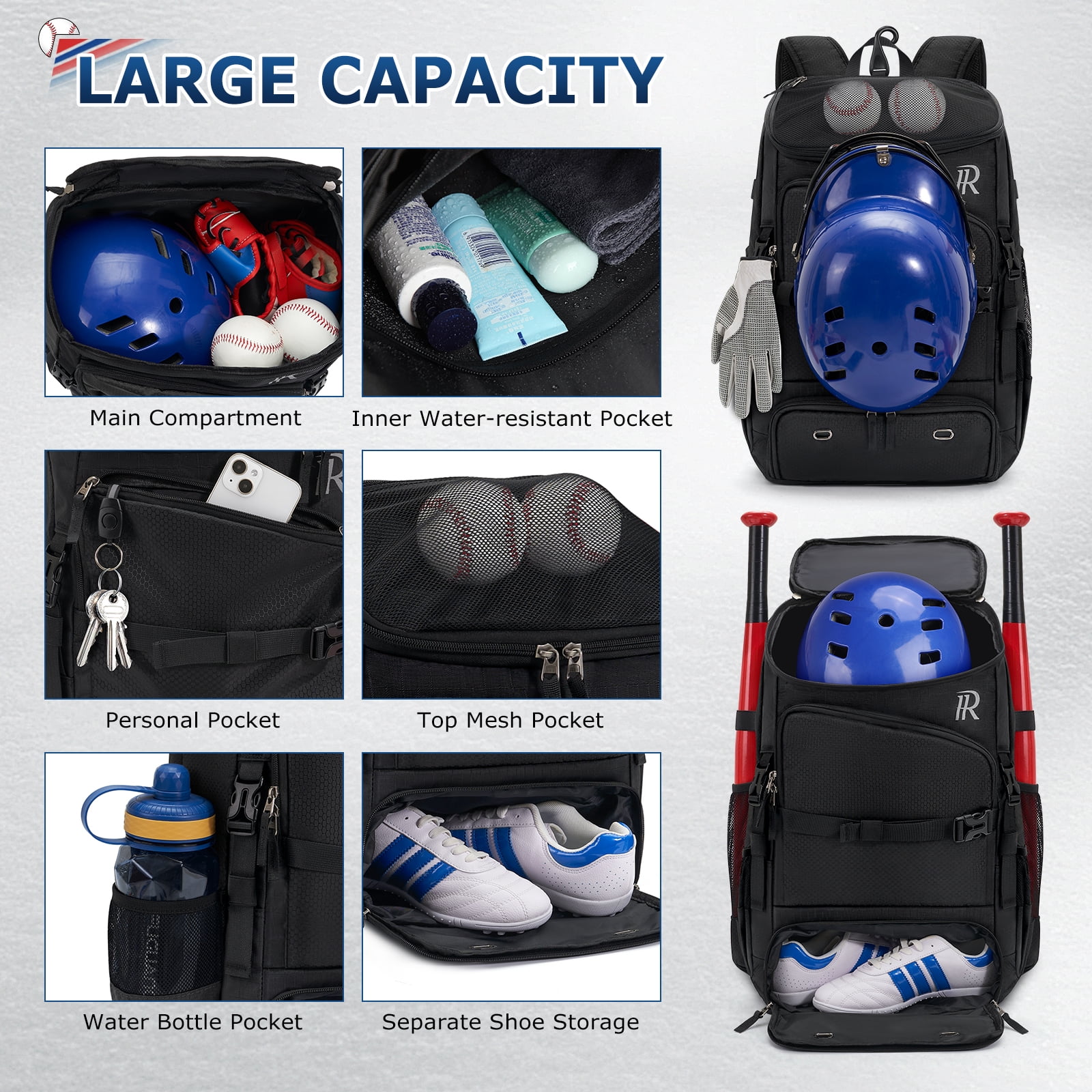 RAINSMORE Baseball Backpack 40L Large Softball Baseball Backapck with Helmet Holder, Shoe Compartment & Fence Hook, Durable Softball Gear Bag,Black