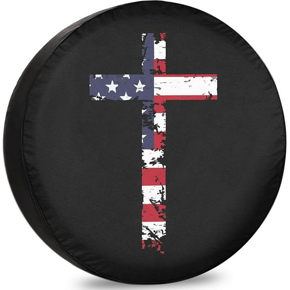 RV Spare Tire Cover USA Flag Cross Waterproof DustProof Universal for Trailer SUV Van Camp Travel Trailer