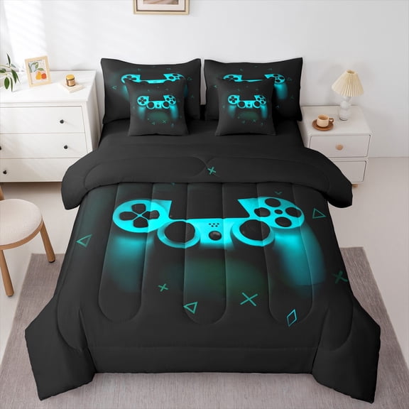 Manfei Teens Neon Gamepad Bedding Comforter Set 7-Piece, Futuristic Game Console King Bedding Sets, Cartoon Video Gaming Reversible Bed Sheets, Breathable Home Decor