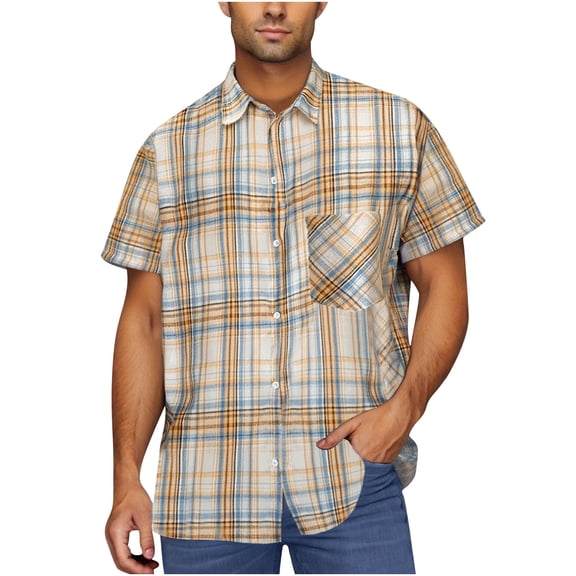 Men's Casual Plaid Short Sleeve Button Down Shirt with Pocket and Lapel