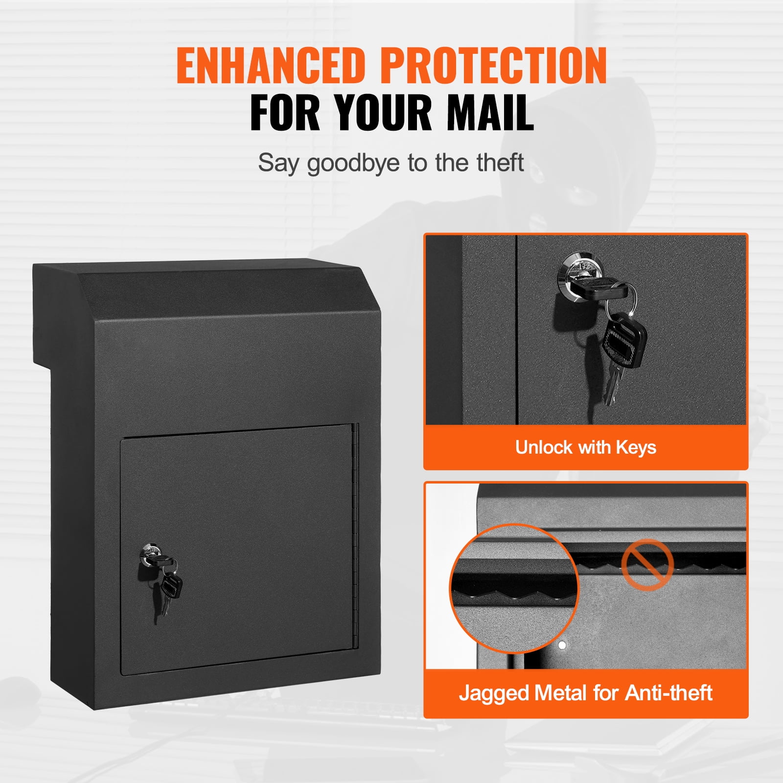 KFFKFF Heavy-Duty Steel Through-Door Mailbox with Key Lock, 12x6x16" Secure Drop Box, Black