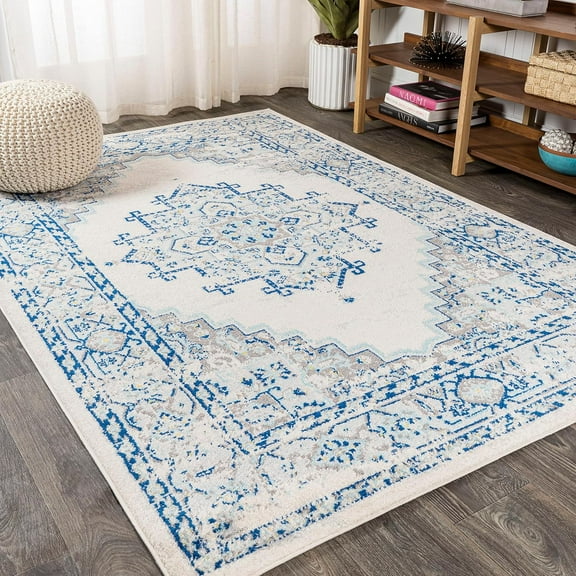 JONATHAN Y Inigo Cottage Medallion Blue/Gray Indoor Area Rug, 4x6, Bohemian, Transitional, Easy-Cleaning for Living Room, Bedroom, Kitchen, Pet Friendly, Non-Shedding (BMF107A-4)