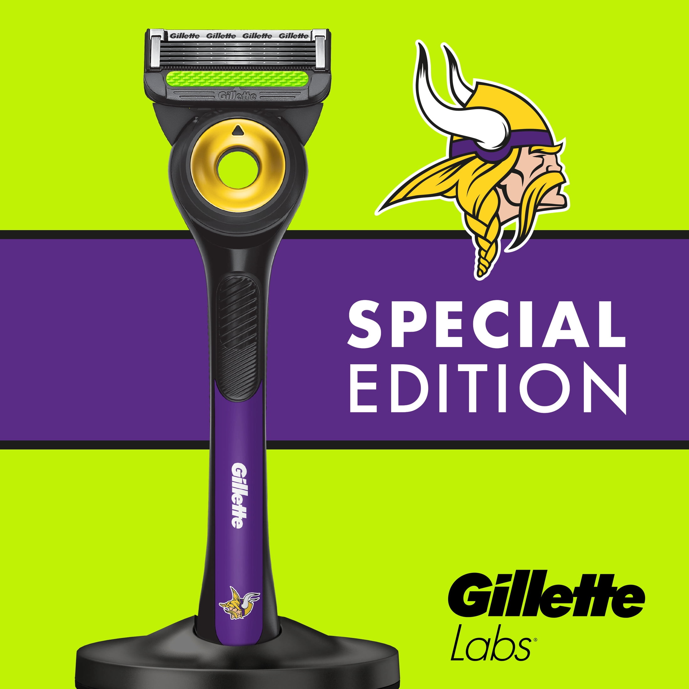 Gillette Labs Official Vikings Licensed Razor for Men, Perfect for Game Day Grooming, Gillette Labs with Exfoliating Bar, 1 Handle, 4 Blade Refills, with Magnetic Stand